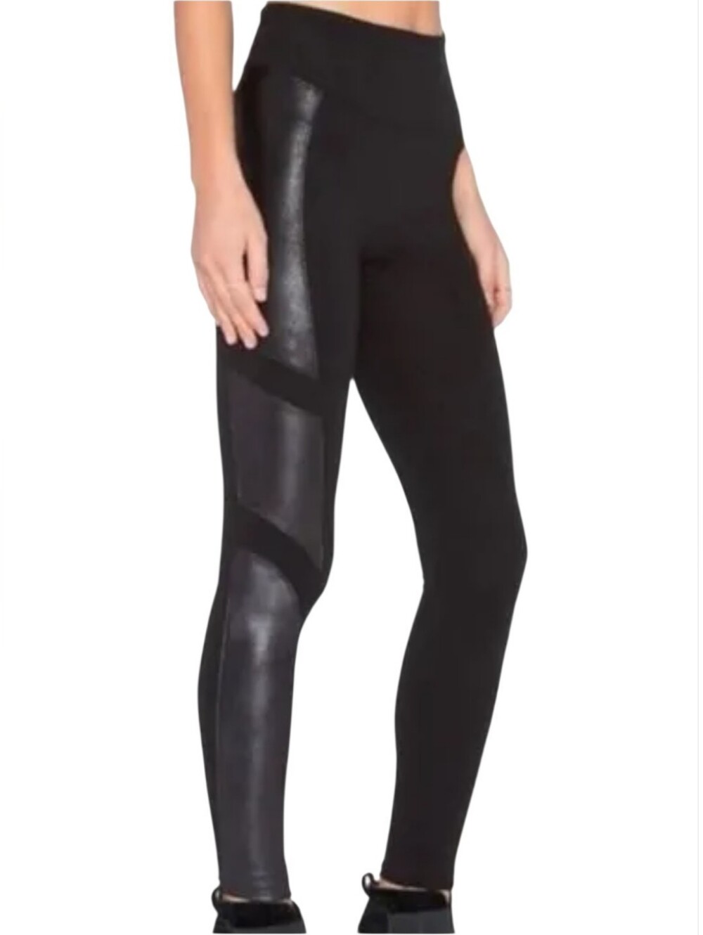 SPANX Black High-Waist Leggings with Faux-Leather Side Panels Size XL